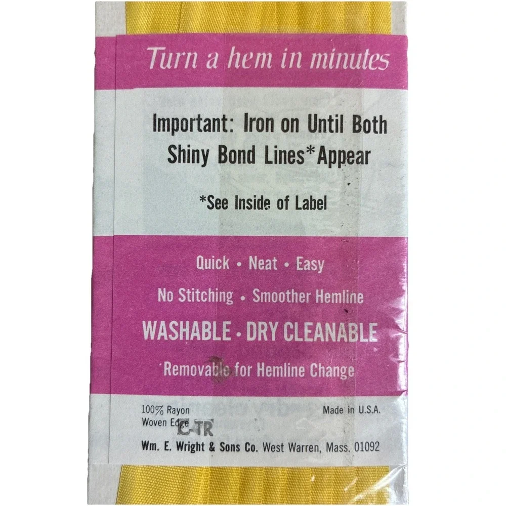 Wright's Iron On Seam Binding‎ Woven Edge 3 yds 608 Yellow 79 Rayon USA Vintage